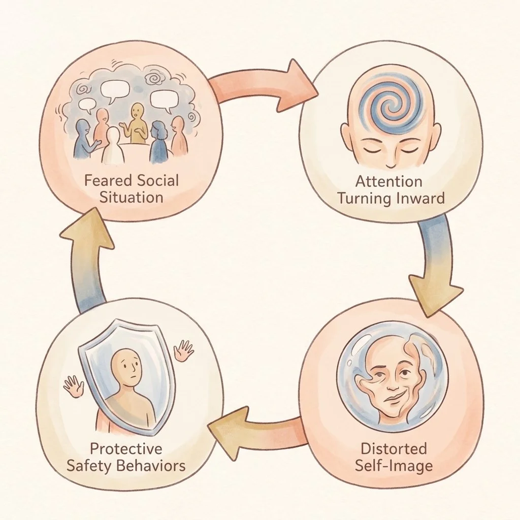 Diagram-style illustration of the social anxiety maintenance cycle: trigger, self-focused attention, negative self-image, and safety behaviors
