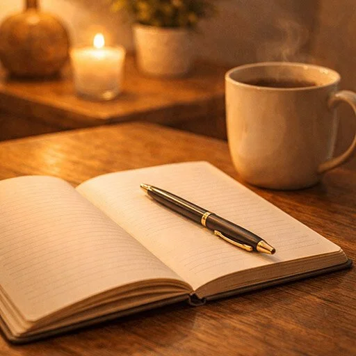 Notebook and pen on a cozy table with warm light, representing journaling for breakup recovery