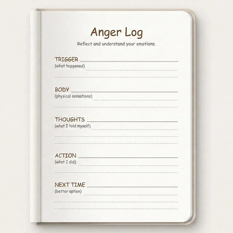 Template anger log worksheet—blank fields labeled for trigger, body sensations, thoughts, actions, and alternatives.
