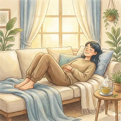 Person practicing progressive muscle relaxation in a peaceful setting, releasing tension from their body