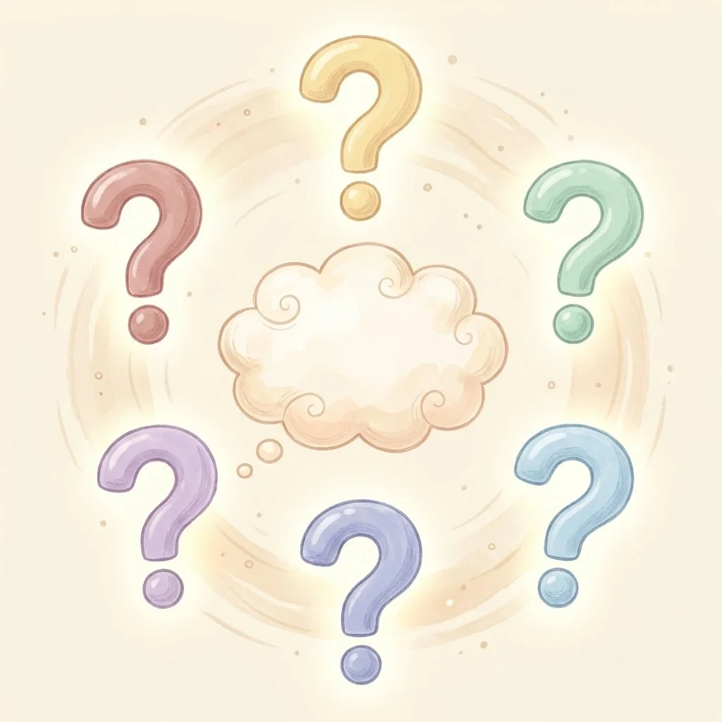 Five core Socratic questions arranged around a central thought, used to challenge negative thoughts in CBT