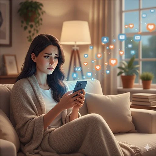 Illustration of someone feeling anxious while looking at their phone and thinking about their partner