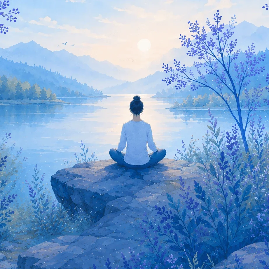 Person meditating in serene setting