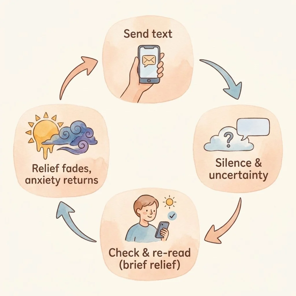 A cycle diagram showing how checking and re-reading texts provides short relief but keeps anxiety going
