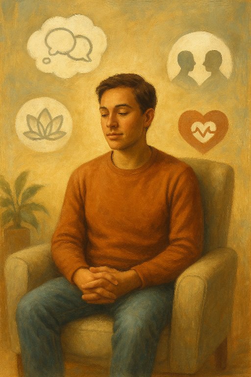 Person considering therapy options for anxiety treatment with decision-making illustration