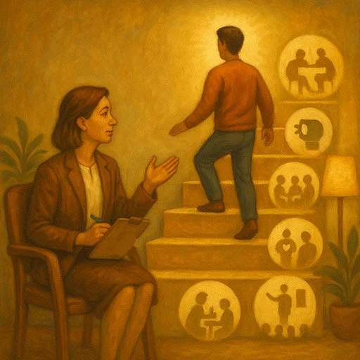 Visual representation of exposure therapy ladder showing gradual steps from small social interactions to larger social situations