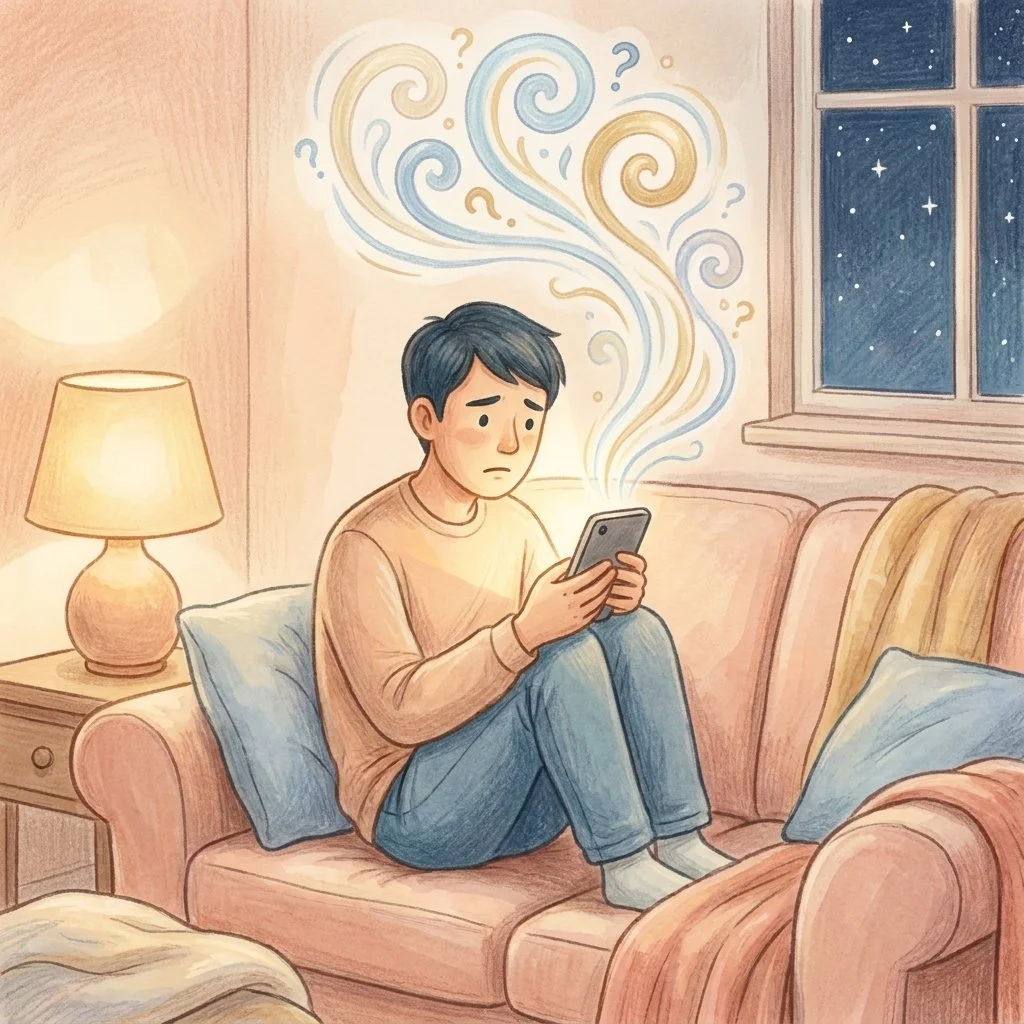 Person looking anxiously at their phone after sending a text, with swirling thought-lines suggesting overthinking