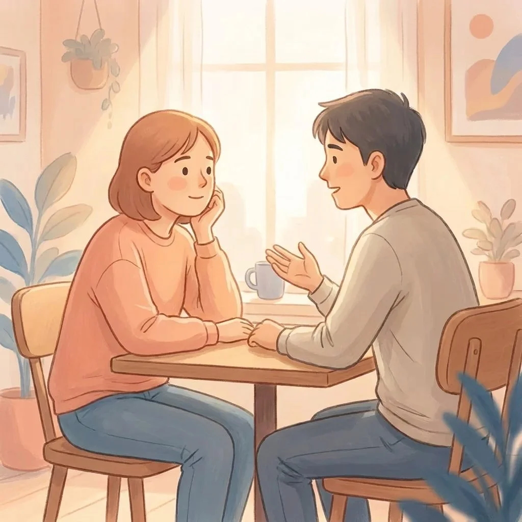 Person practicing externally focused attention during a conversation as part of CBT for social anxiety