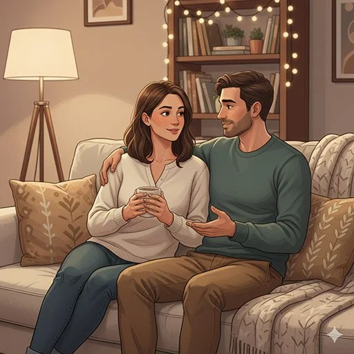 Illustration of a couple having a calm check-in conversation on a couch