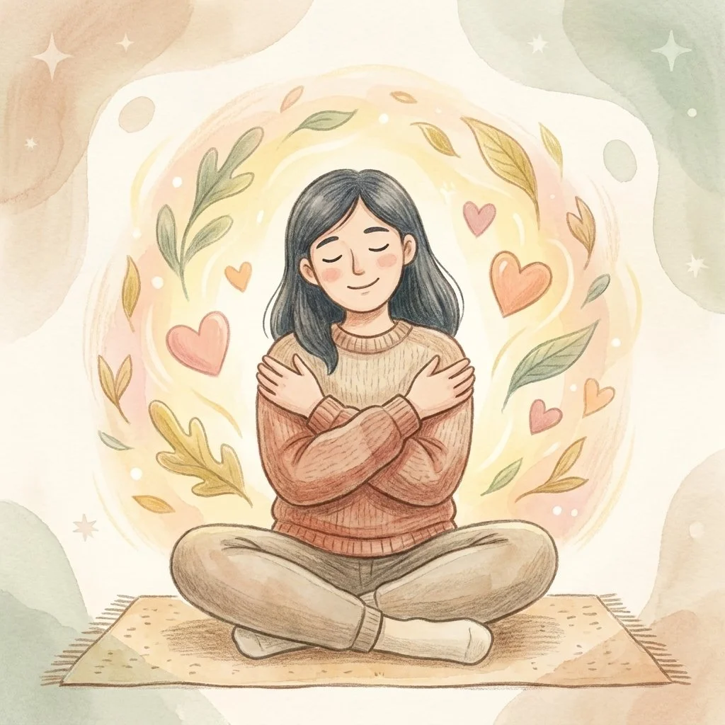 A woman offering herself a gentle self-embrace, illustrating self-compassion as a source of reassurance