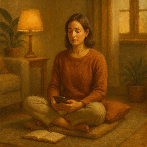 Person using AI-powered guided visualization app on smartphone in peaceful setting