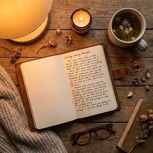 Overhead view of a calming Sunday evening ritual with journal, tea, candle, and soft lighting