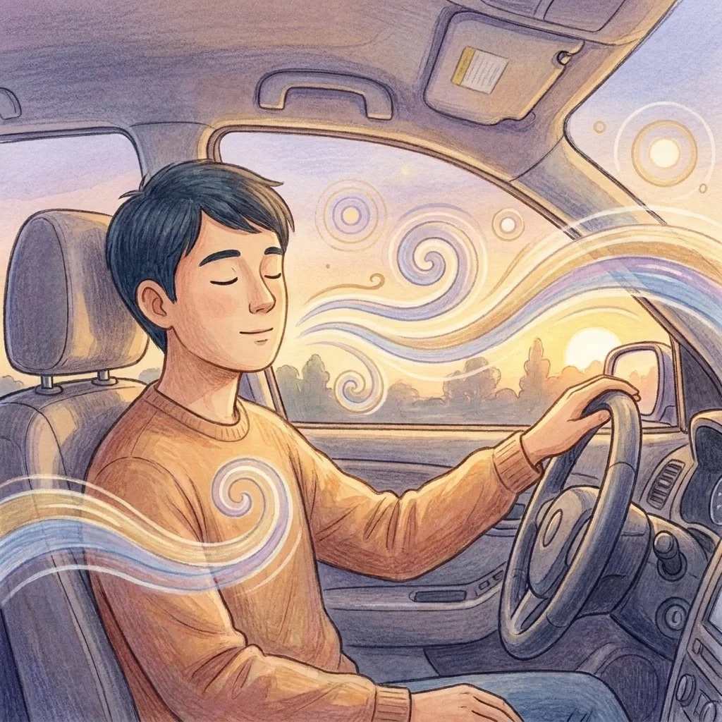 Person inside a parked car taking a slow breath with eyes closed