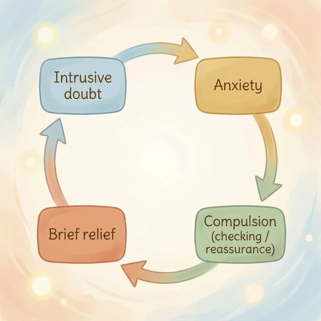A simple loop diagram showing an intrusive doubt leading to anxiety, a compulsion, brief relief, and the doubt returning