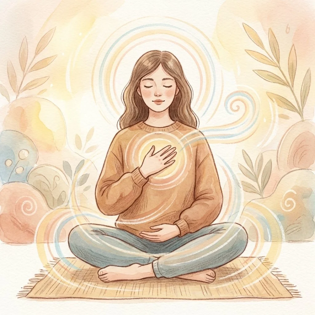 A woman practicing slow breathing with a hand on her chest to calm an activated attachment system