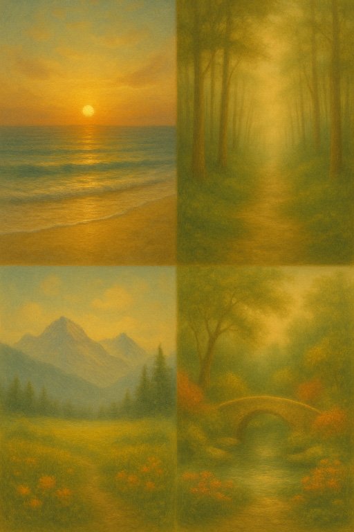 Collage showing different visualization scenes: beach, forest, mountain, peaceful garden