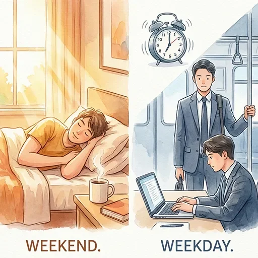 Split illustration showing relaxed weekend scene on one side and structured weekday scene on the other