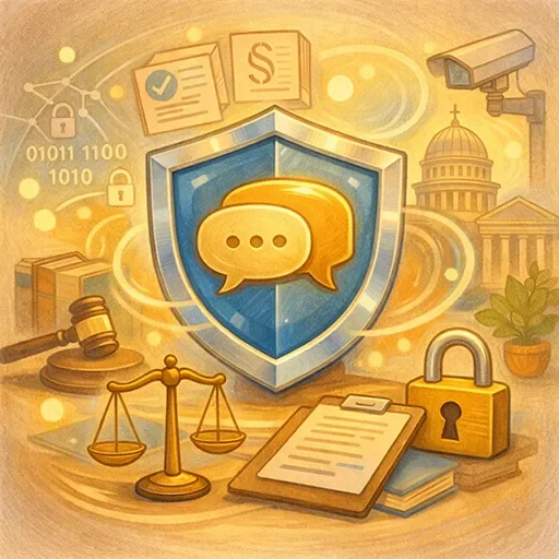 Illustration representing AI safety and regulation with a shield icon protecting a conversation bubble