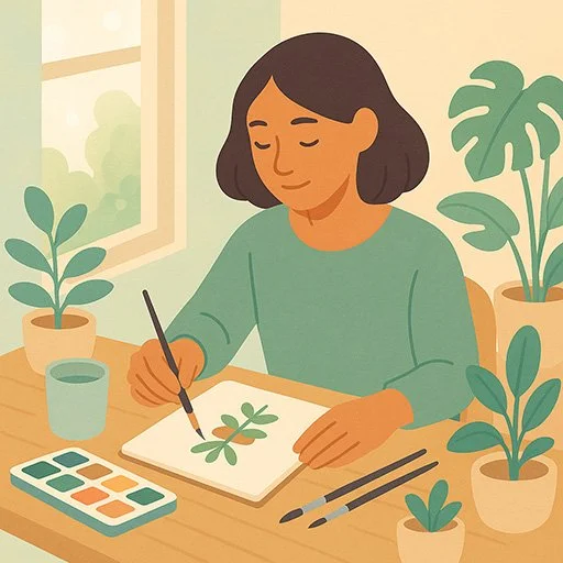 Person journaling or engaging in creative hobby by window, peaceful expression, natural lighting