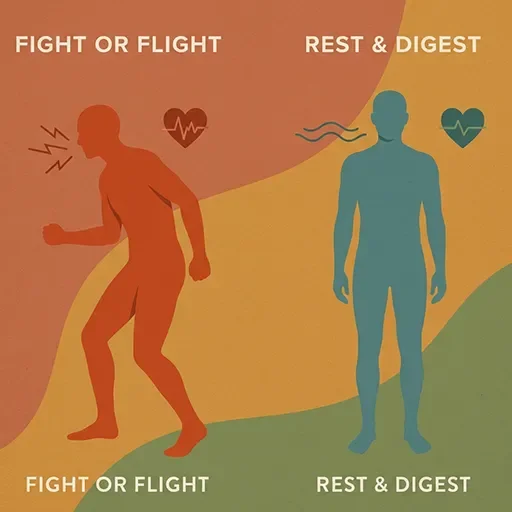 Illustration comparing the stressed sympathetic nervous system response with the calm parasympathetic response activated by slow breathing