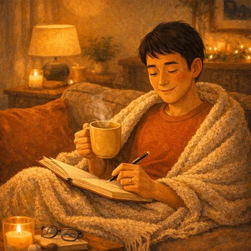 A person decompressing after a social event by sitting quietly with a warm drink and journaling