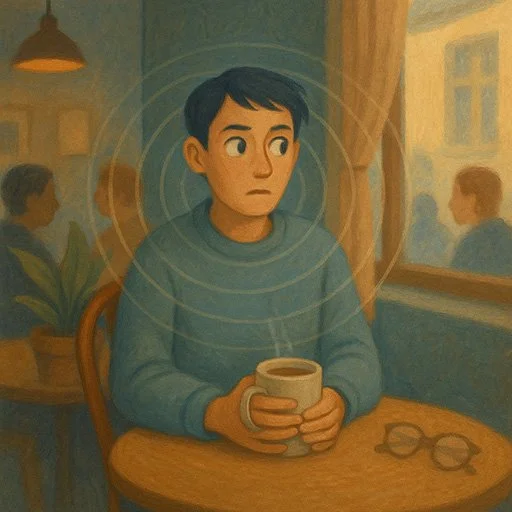 Person experiencing hypervigilance, showing tense body language and heightened alertness in a safe environment