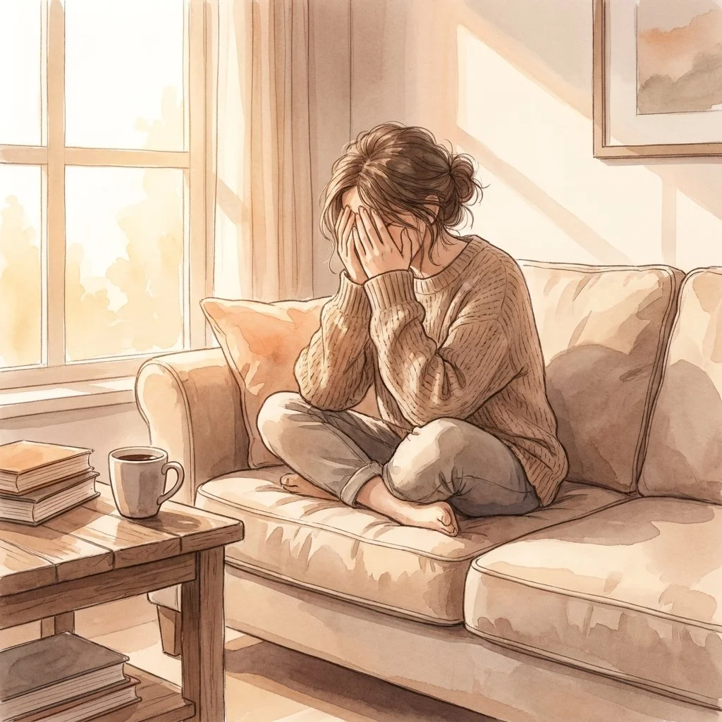 A person sitting on a couch with their head in their hands after an argument, soft window light, half-empty mug nearby