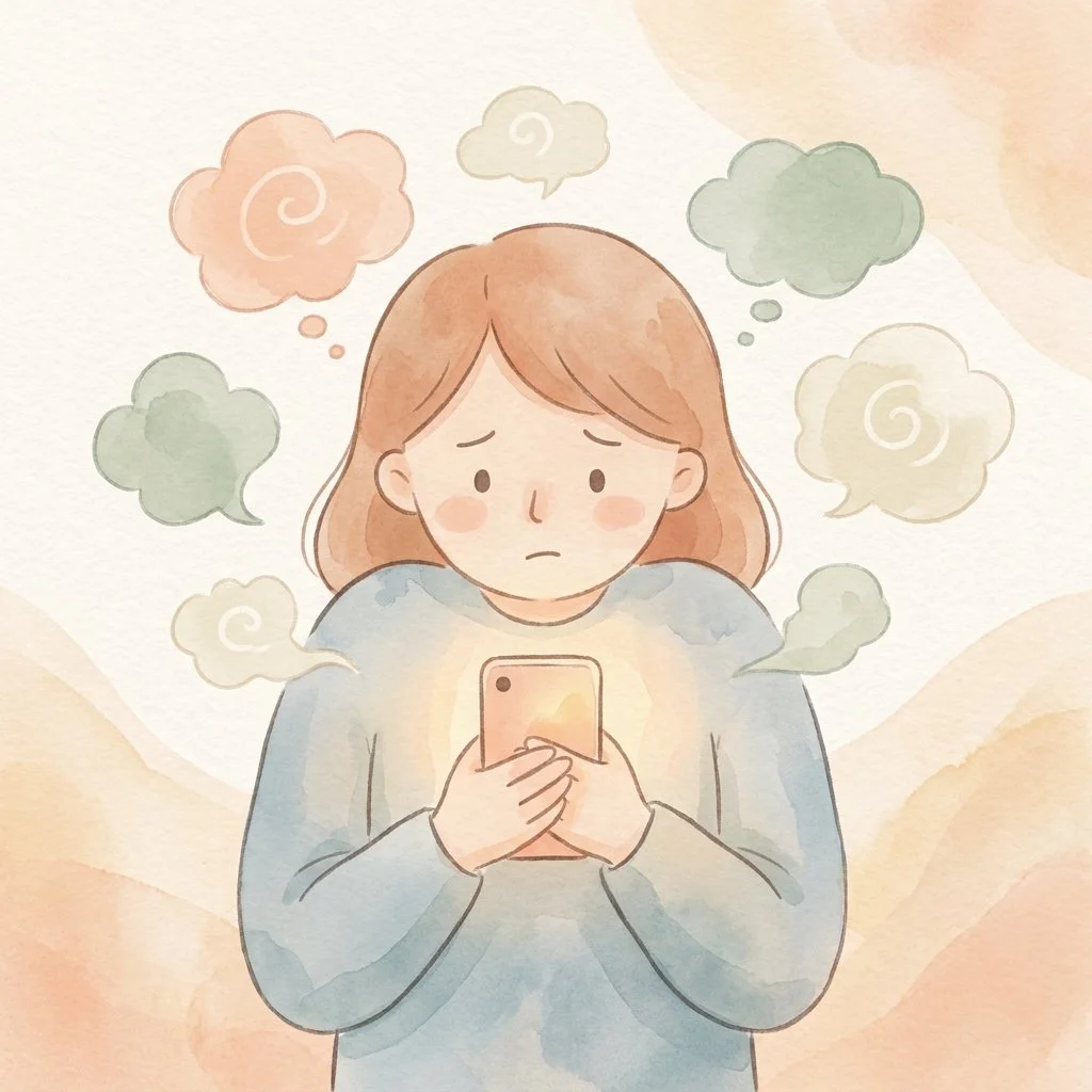 A woman noticing anxious thoughts arise after a delayed message, illustrating common attachment triggers
