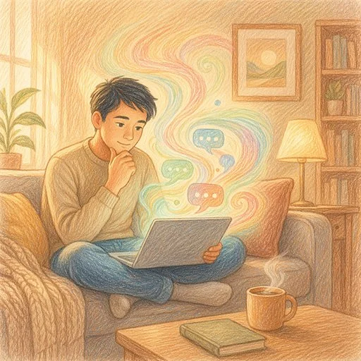 Person sitting with laptop, thoughtfully typing into a chat interface in a warm, calm home setting