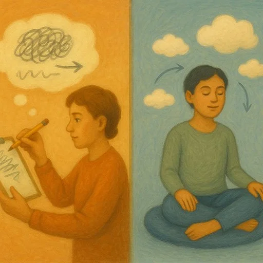 Visual comparison of cognitive restructuring and cognitive defusion approaches to anxious thoughts