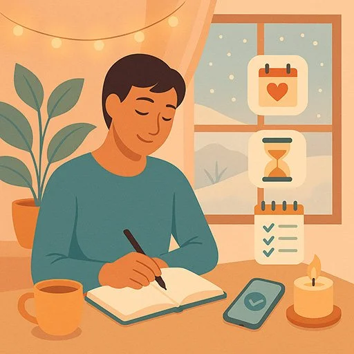Person peacefully reflecting on mental wellness goals for the new year with journal in calm, mindful setting