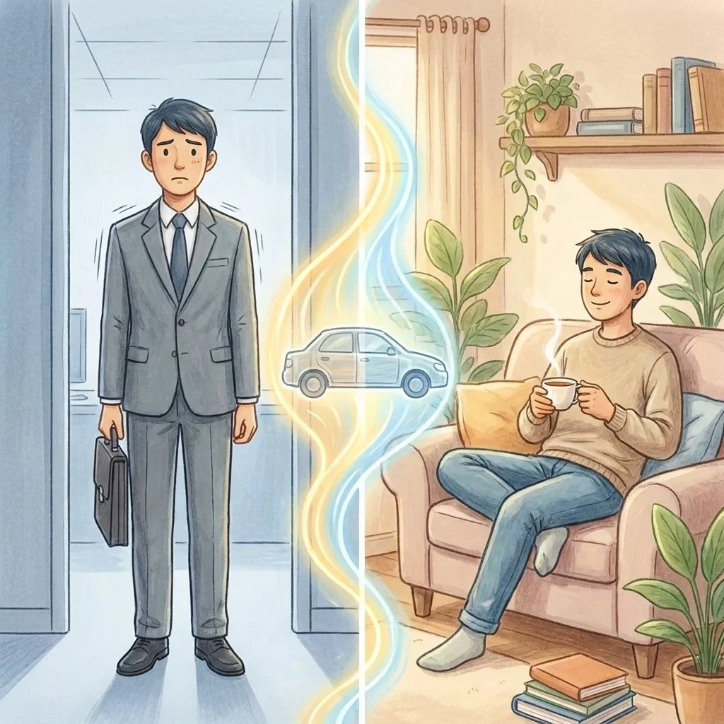 Conceptual illustration of a person transitioning between work and home roles