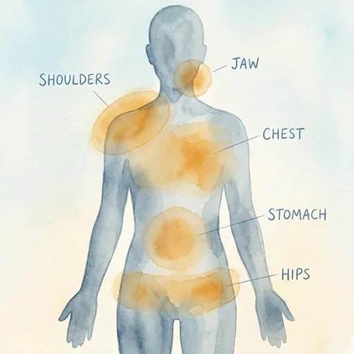 Educational illustration of a human silhouette showing common areas where stress is stored including shoulders jaw chest and hips