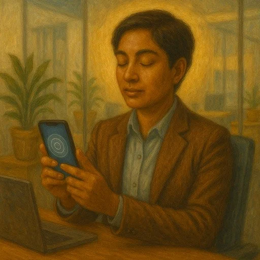Professional using smartphone with meditation app in modern office setting
