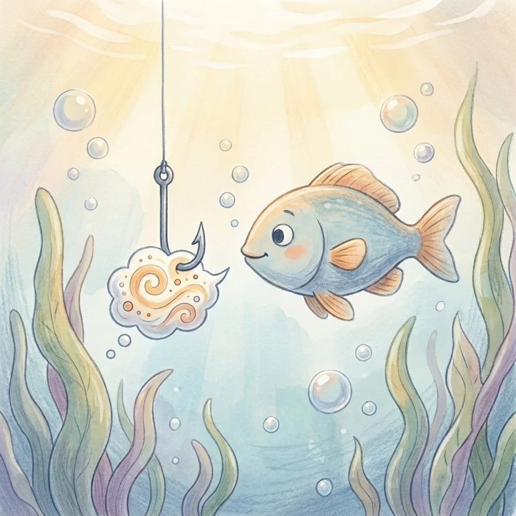 A fish eyeing a hook baited with a thought-bubble, a metaphor for getting hooked by a thought