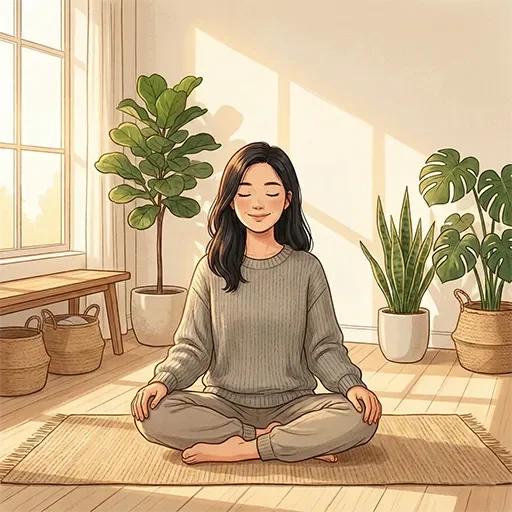 Person sitting in meditation pose with morning sunlight, practicing mindful breathing