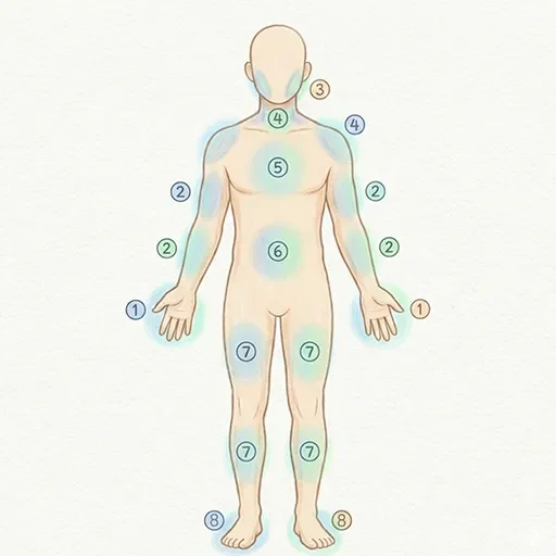 Diagram showing the progressive muscle relaxation sequence from hands to feet