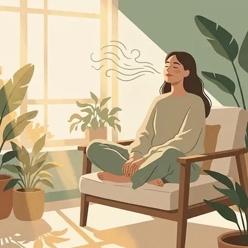 Person practicing slow breathing for anxiety relief in a calm, sunlit setting