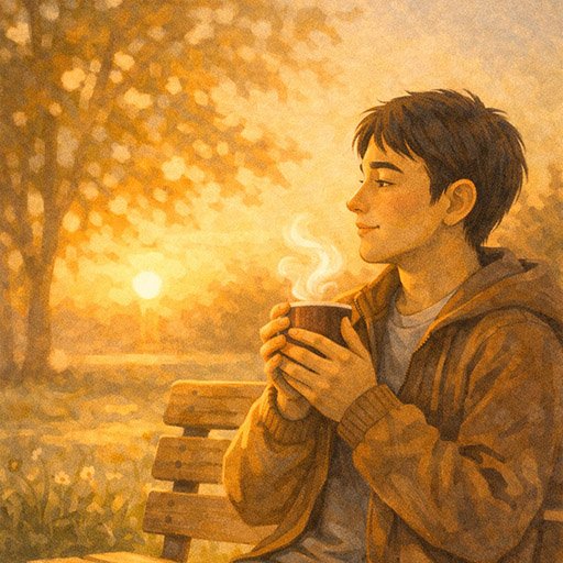 Person sitting quietly at sunrise with a warm drink, reflecting after a breakup in a calm, hopeful setting