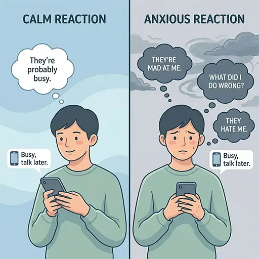Split illustration showing two different interpretations of the same social situation - one neutral and one catastrophic