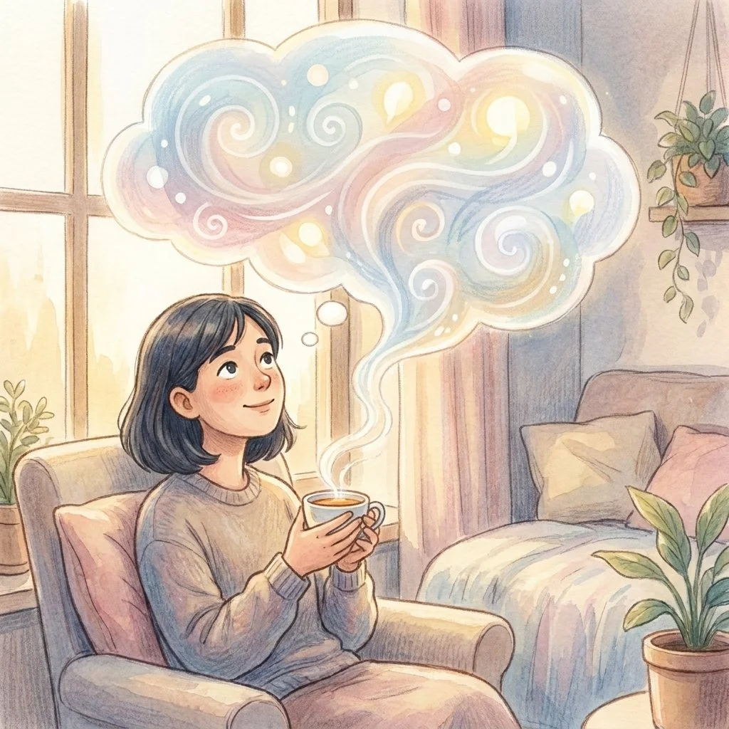 A woman looking curiously at a thought bubble, representing Socratic questioning of anxious thoughts