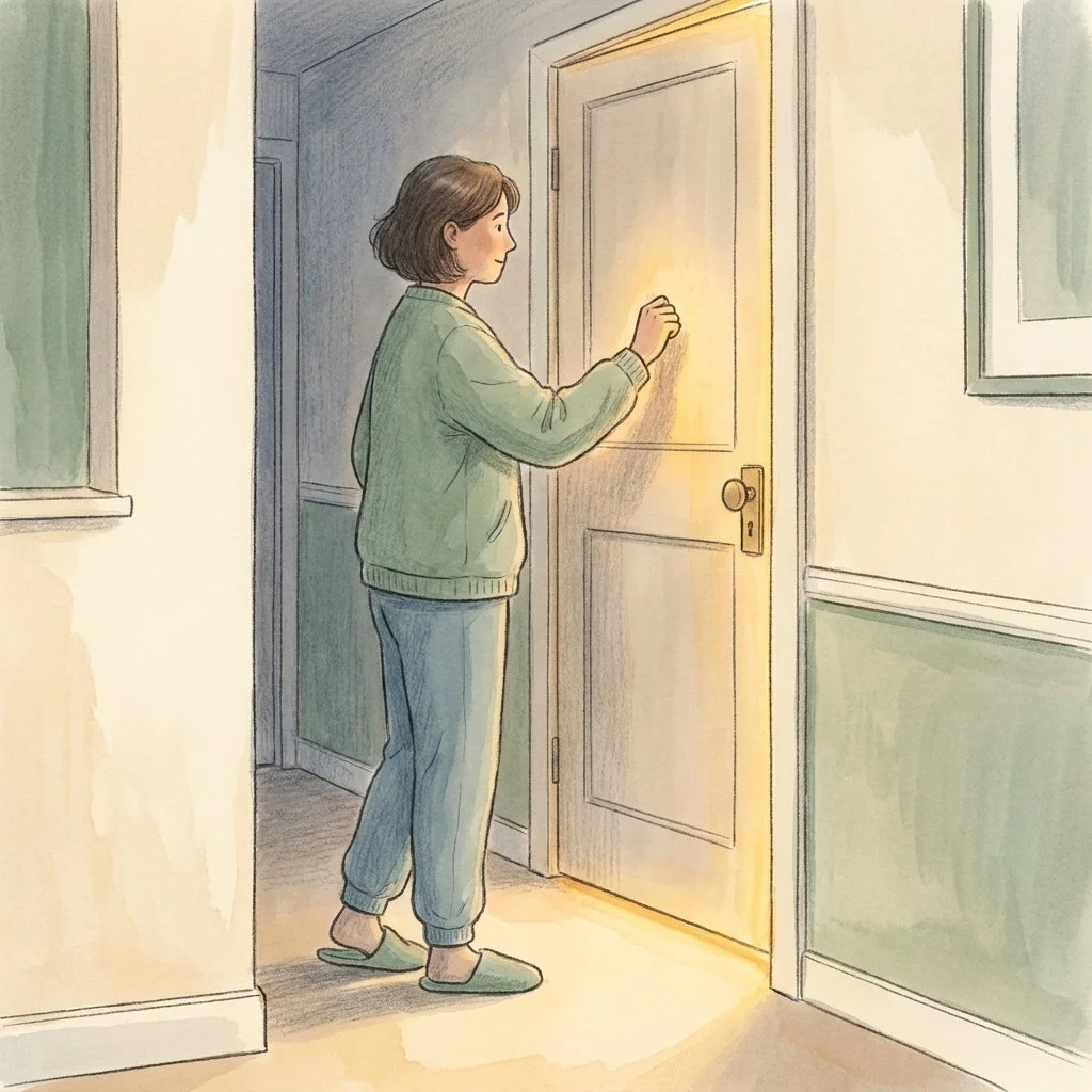 A person standing in a dim hallway at night with one hand raised to a closed bedroom door, about to knock