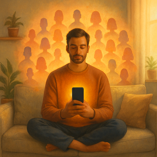 Person using meditation app on phone with silhouettes of people behind them representing universal compassion and love for all beings