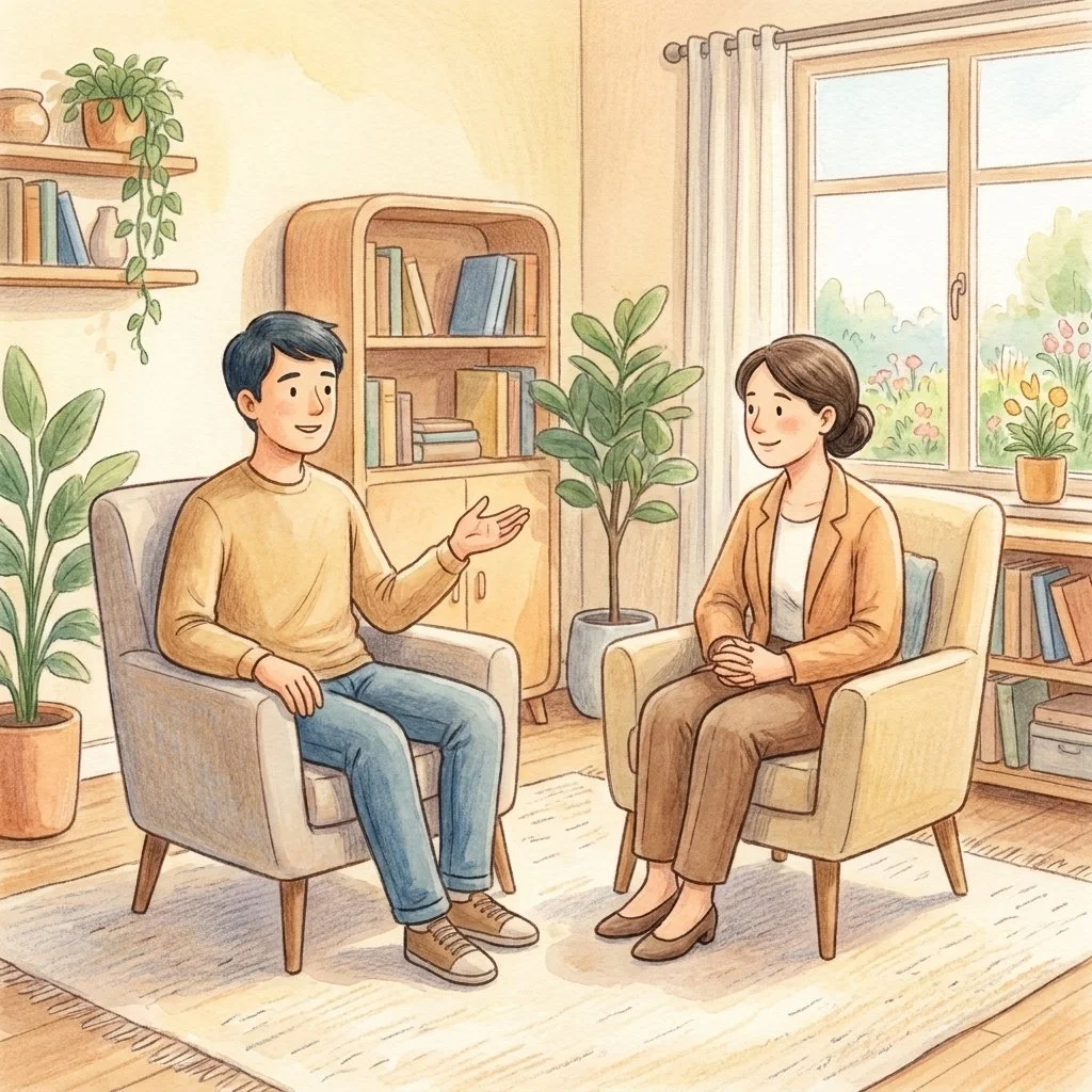 A man in a calm, supportive conversation with a therapist