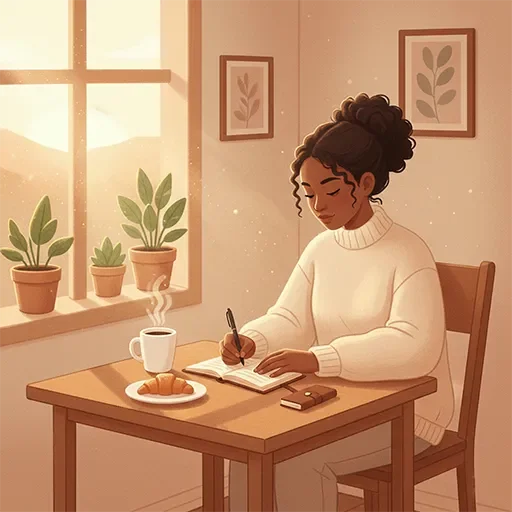 Person writing intentions in journal at breakfast table with morning light