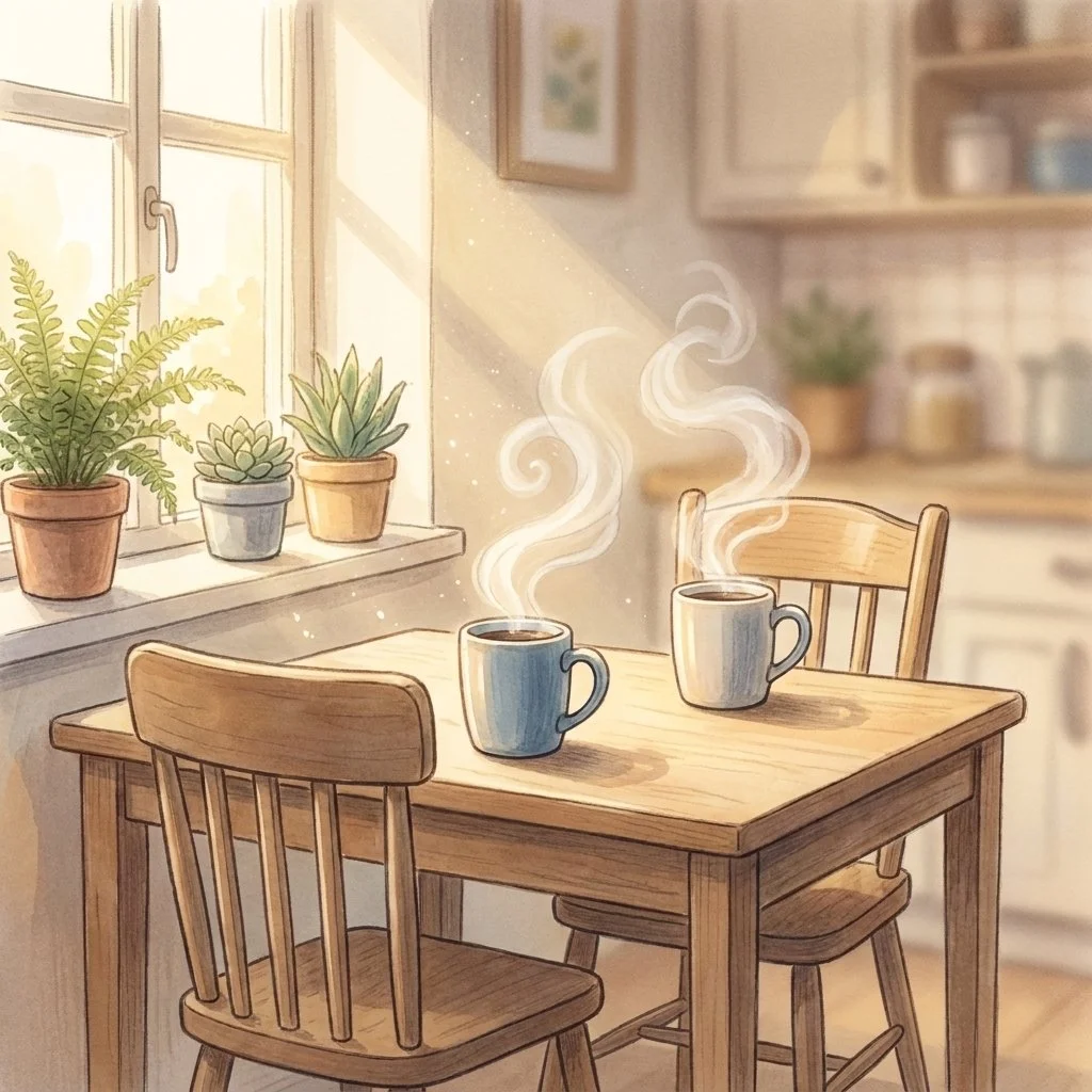 Two mugs of coffee on a kitchen table in morning light, one set in front of an empty chair