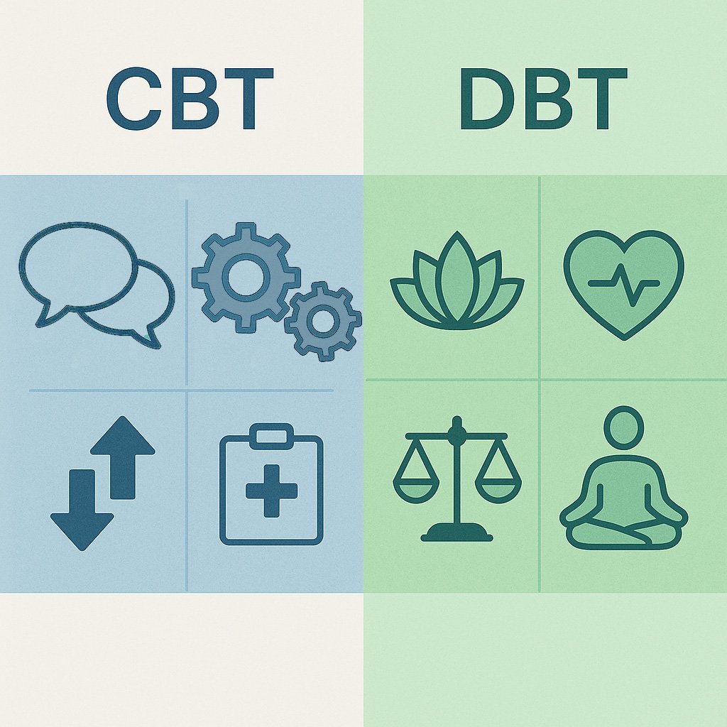 Side-by-side comparison illustration of CBT and DBT therapy approaches