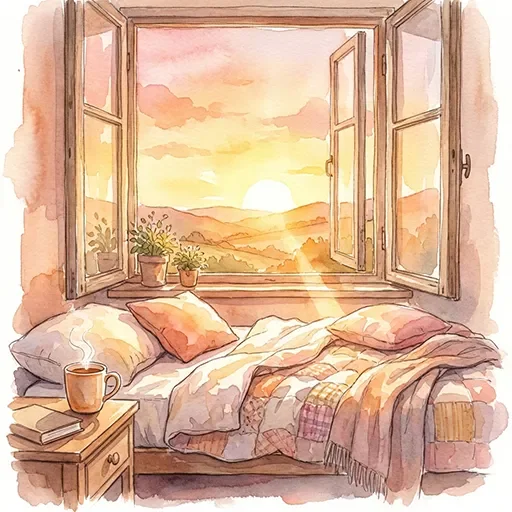 A warm hopeful sunrise seen through a bedroom window suggesting restful sleep and a fresh morning