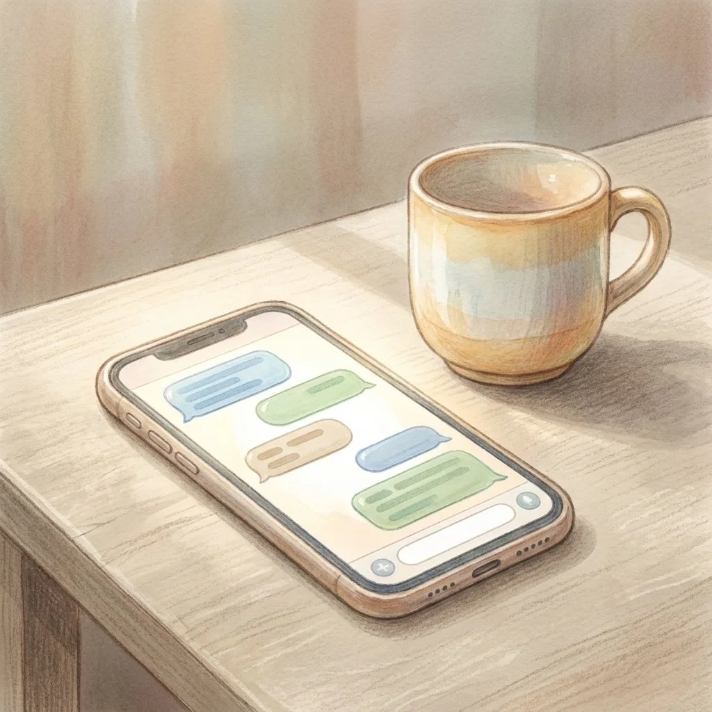 Watercolor illustration of a smartphone showing a chat conversation, resting on a wooden table beside a ceramic mug