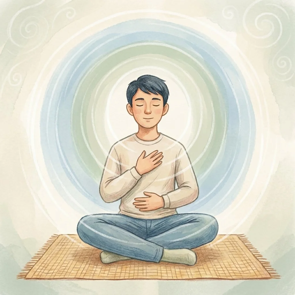A person breathing calmly, surrounded by soft concentric circles suggesting steadiness returning